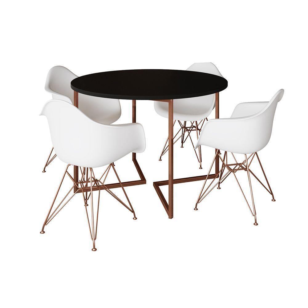 Mesa Industrial Jantar Preta 110Cm Redonda Base V Com 4 Poltronas Brancas Base Cobre Preto - 6