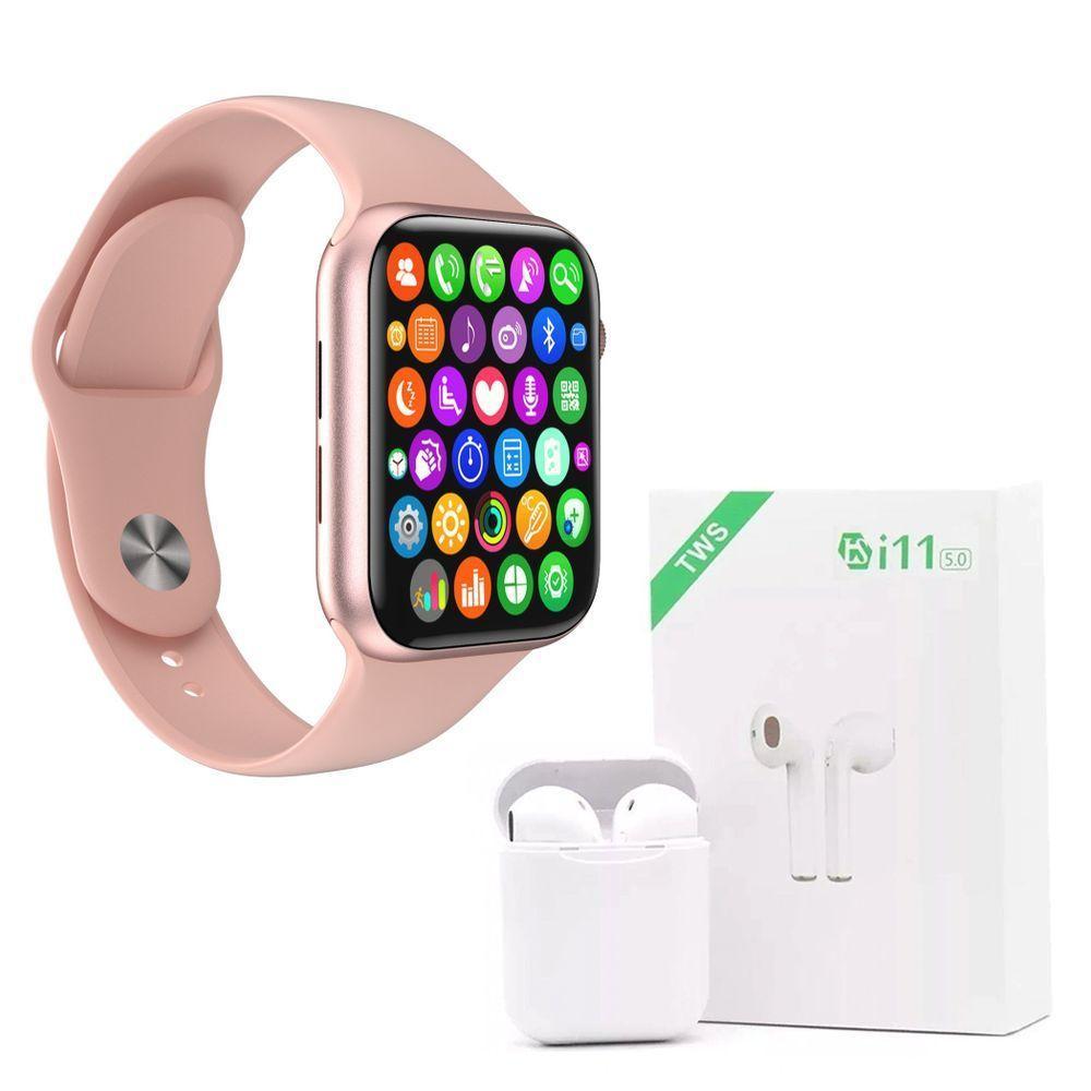 Kit 1 Relógio Smartwatch Iwo 8 Rosa + Fone I11 Tws Branco - 1