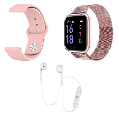 Kit 1 Smartwatch Rosa + 1 Pulseira Extra + Fone Branco