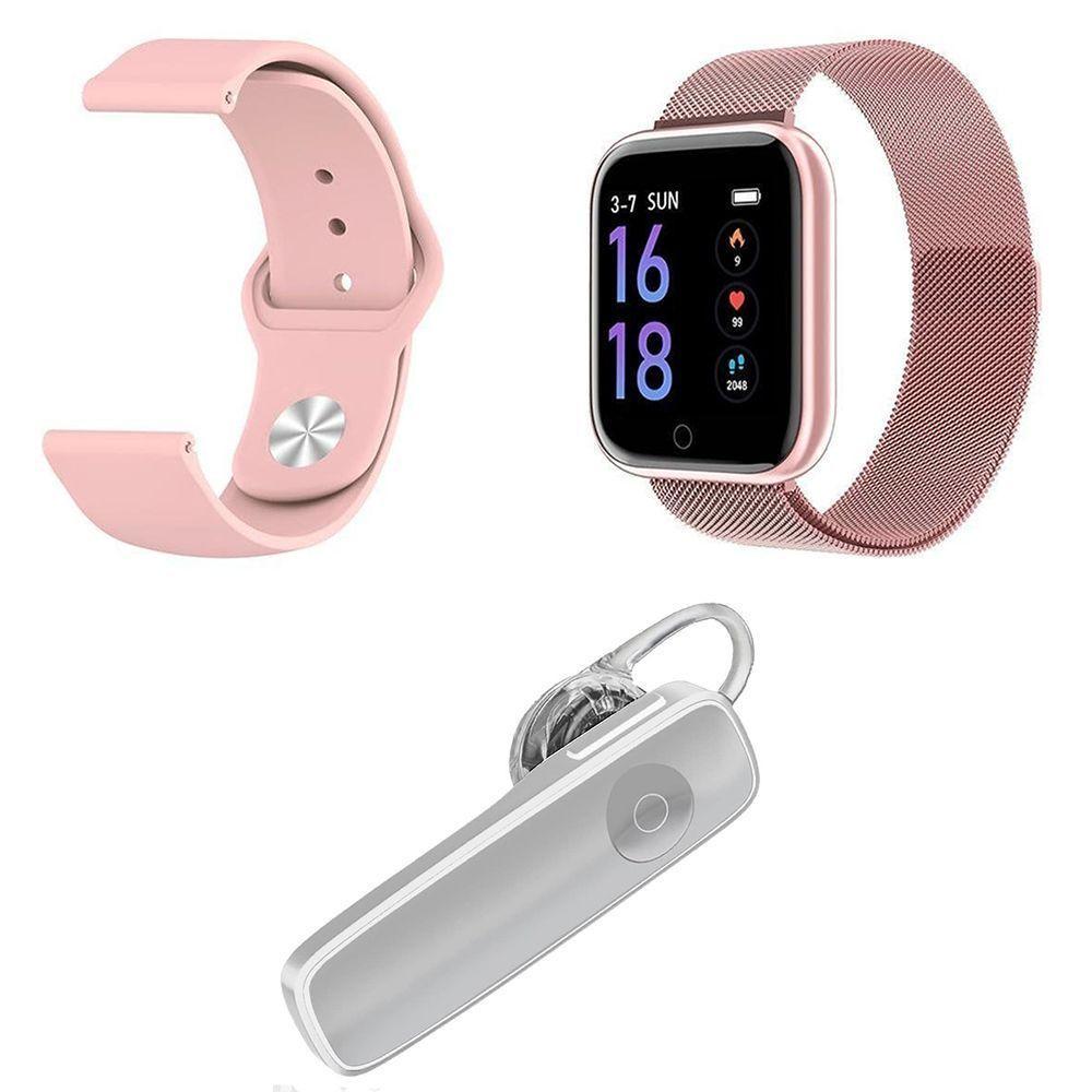 Kit 1 Smartwatch Rosa + Pulseira Extra + Fone Fio Branco - 1