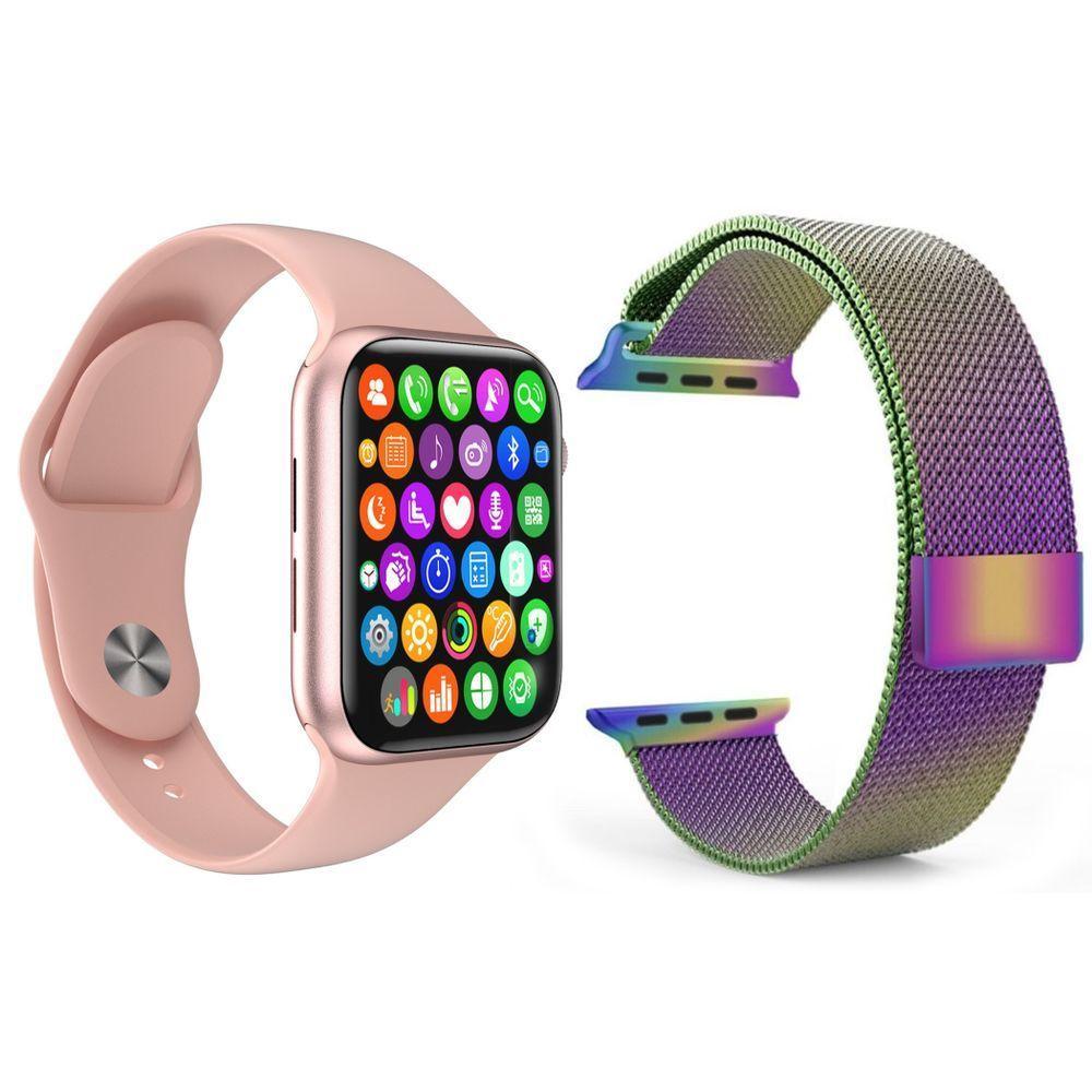 Kit 1 Smartwatch Rosa + 1 Pulseira Extra Arco Íris - 1