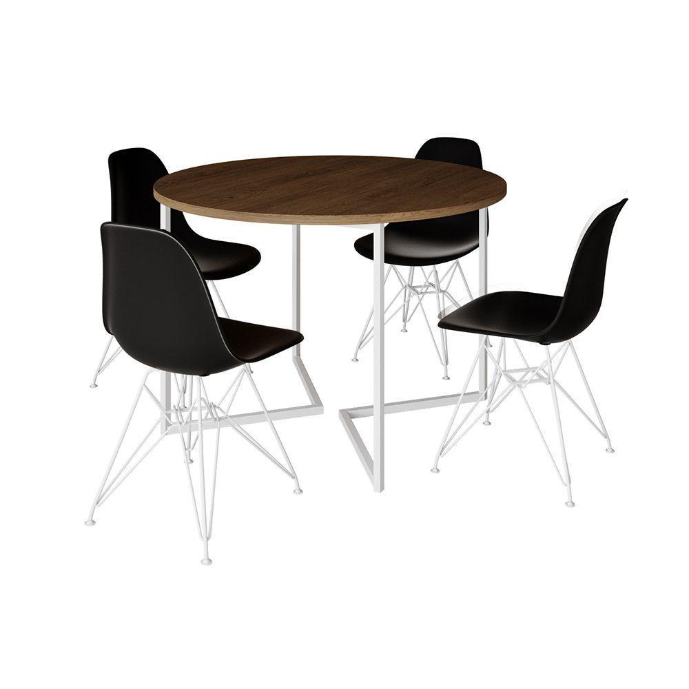 Mesa Industrial Jantar Redonda Amêndoa 110Cm Base V Com 4 Cadeiras Eames Pretas Ferro Branco Amendoa - 6