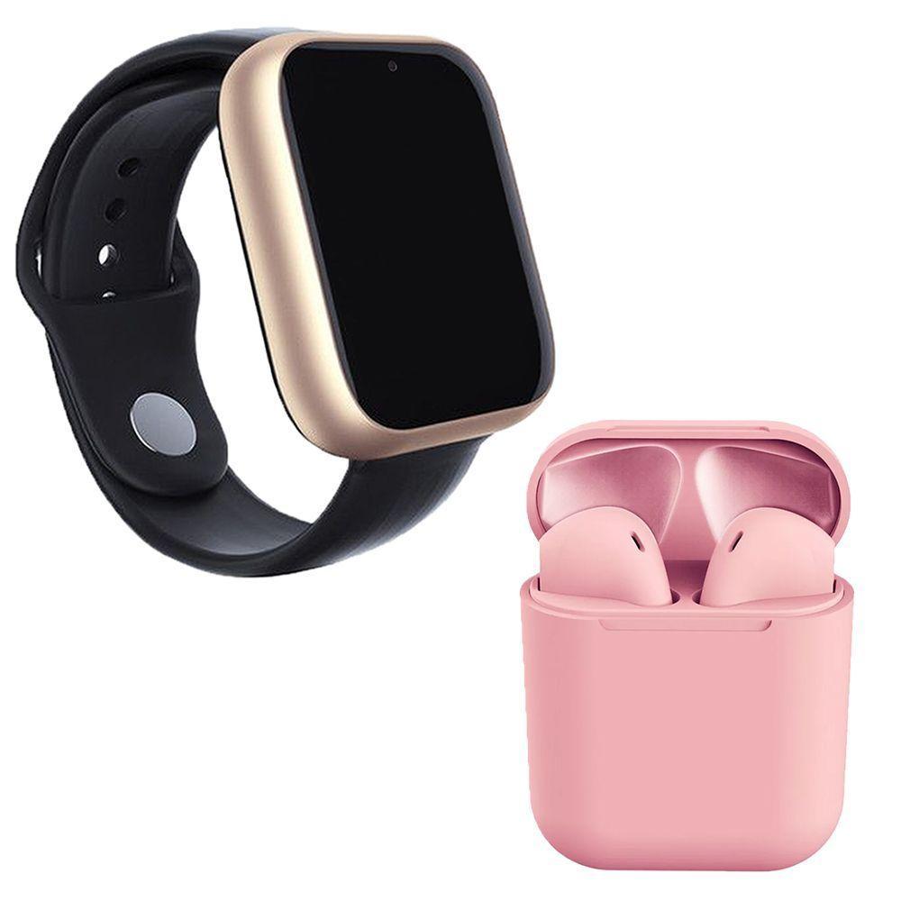 Kit 1 Smartwatch A1 Pro Plus Dourado + 1 Fone Inpods 12 Rosa - 1