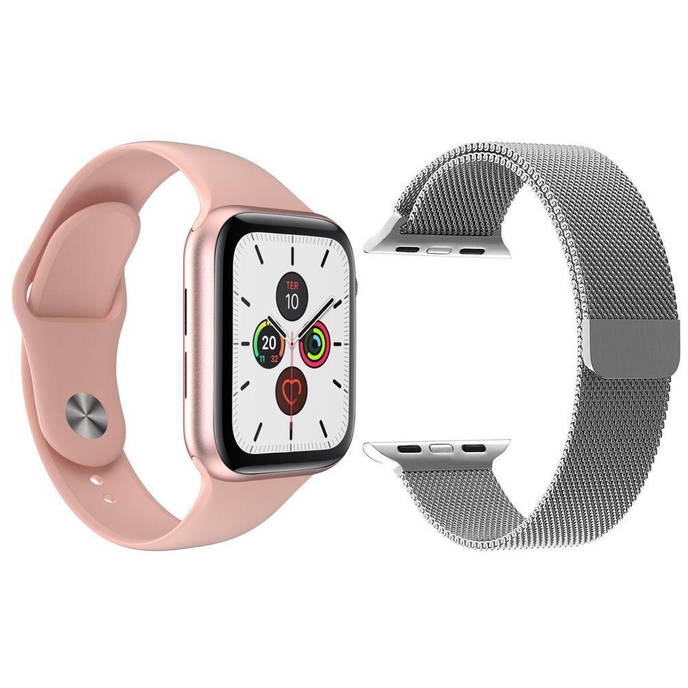 Kit 1 Smartwatch Rosa + 1 Pulseira Extra Prata - 1