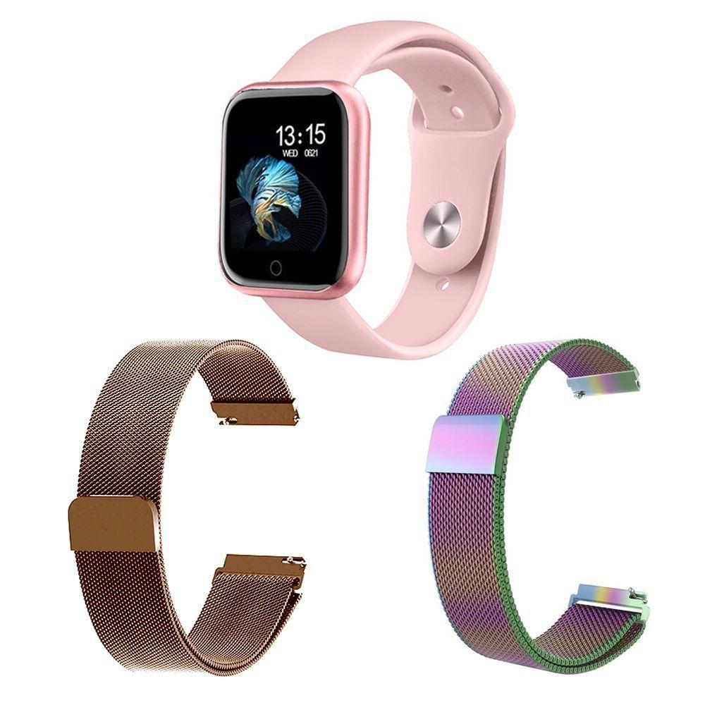 Kit 1 Relógio Smartwatch Rosa + 2 Pulseiras Rosê E Arco íris - 1