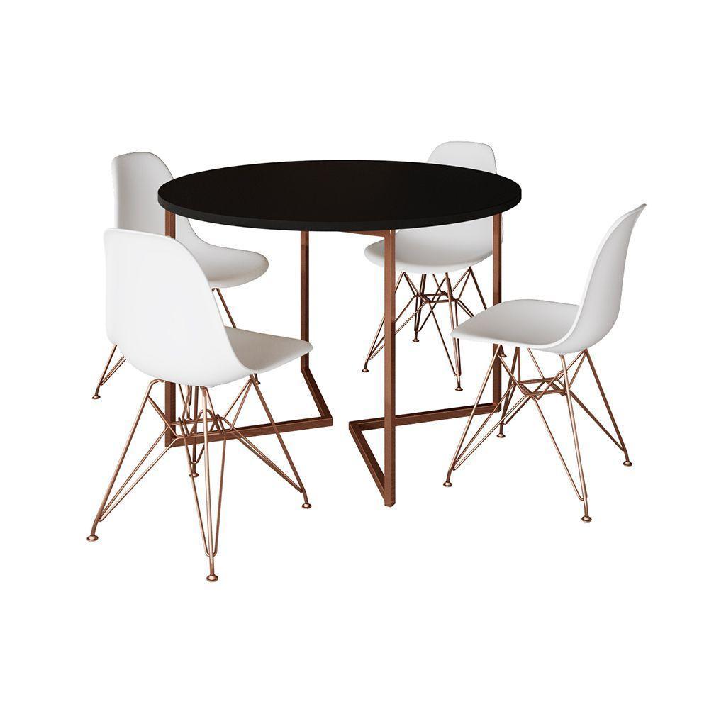 Mesa Industrial Jantar Redonda Preta 110Cm Base V Com 4 Cadeiras Eames Brancas Base Cobre Preto - 6