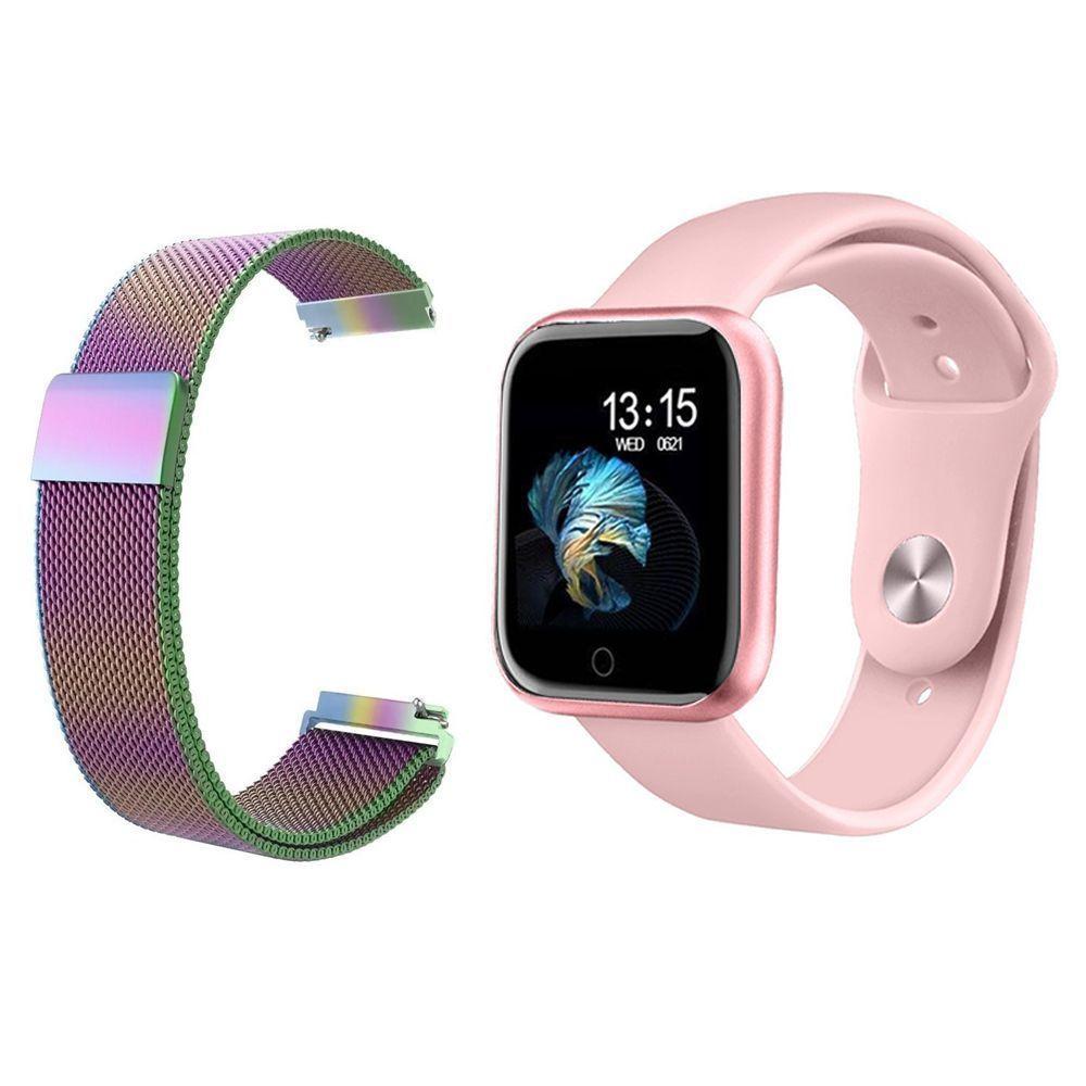 Kit 1 Smartwatch T80 Rosa + 1 Pulseira Aço Arco Íris - 1