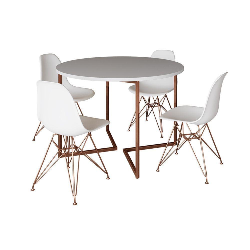 Mesa Industrial Jantar Redonda Branca 110Cm Base V Com 4 Cadeiras Eames Brancas Base Cobre Branco - 6