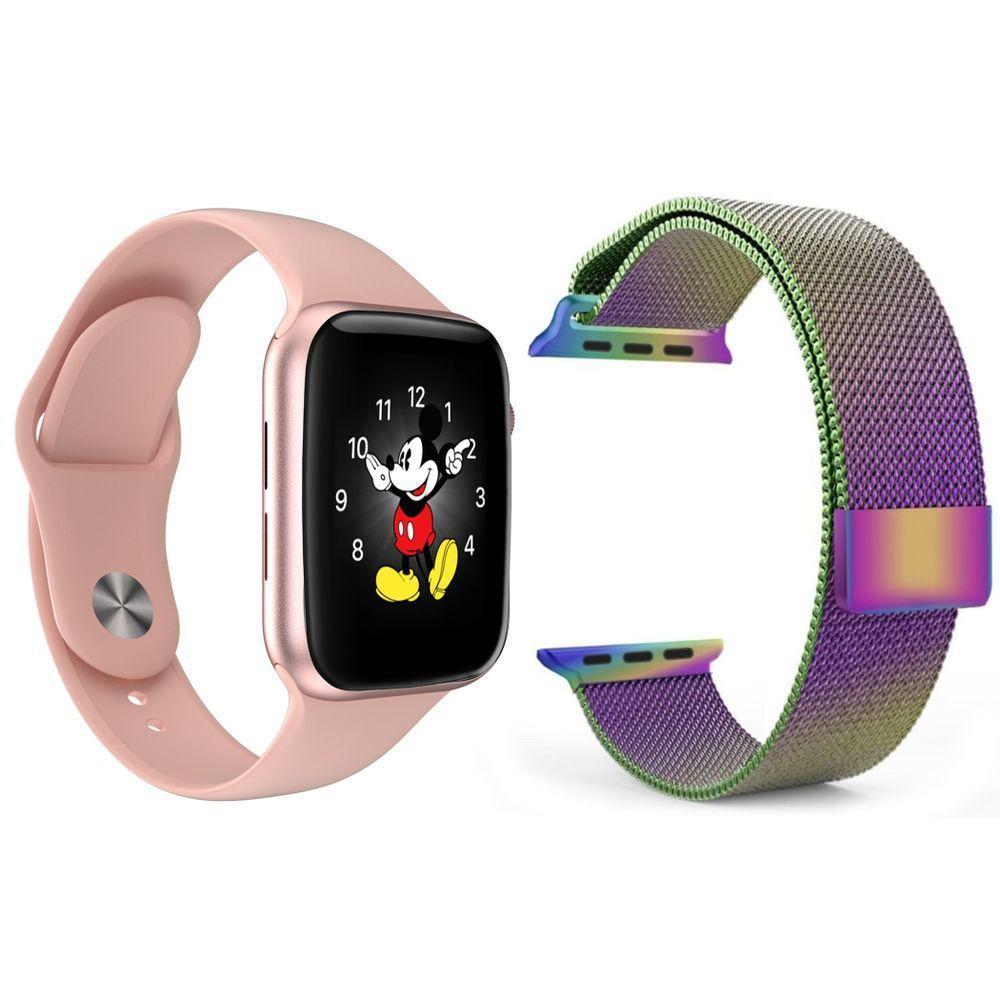Kit 1 Smartwatch Rosa + 1 Pulseira Extra Arco Íris - 1