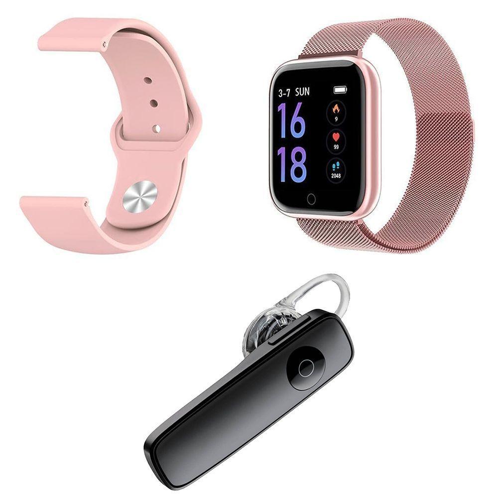 Kit 1 Smartwatch Rosa + 1 Pulseira Extra + 1 Fone Preto - 1
