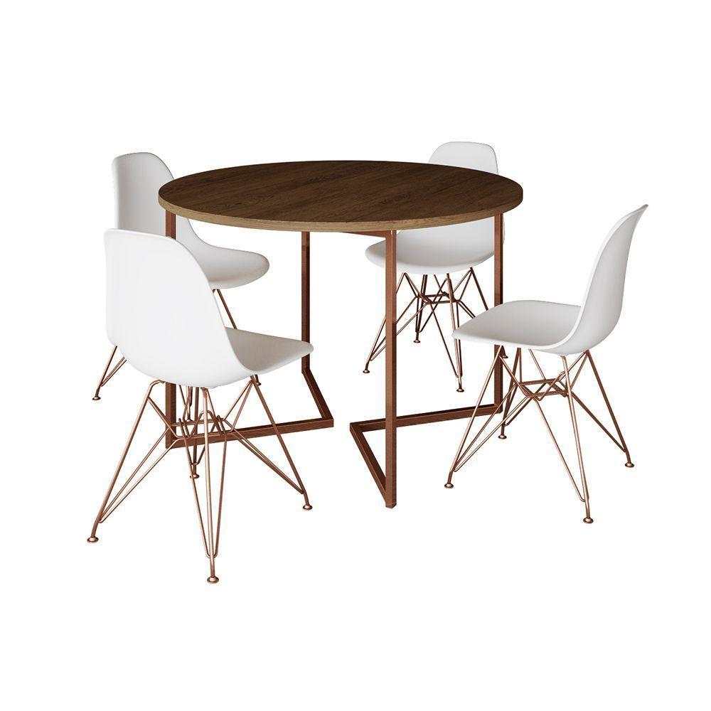 Mesa Industrial Jantar Redonda Amêndoa 110Cm Base V Com 4 Cadeiras Eames Brancas Base Cobre Amendoa - 6