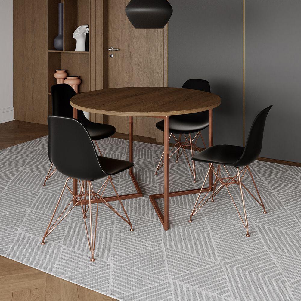 Mesa Industrial Jantar Redonda Amêndoa 110Cm Base V Com 4 Cadeiras Eames Pretas Base Cobre Amendoa - 1