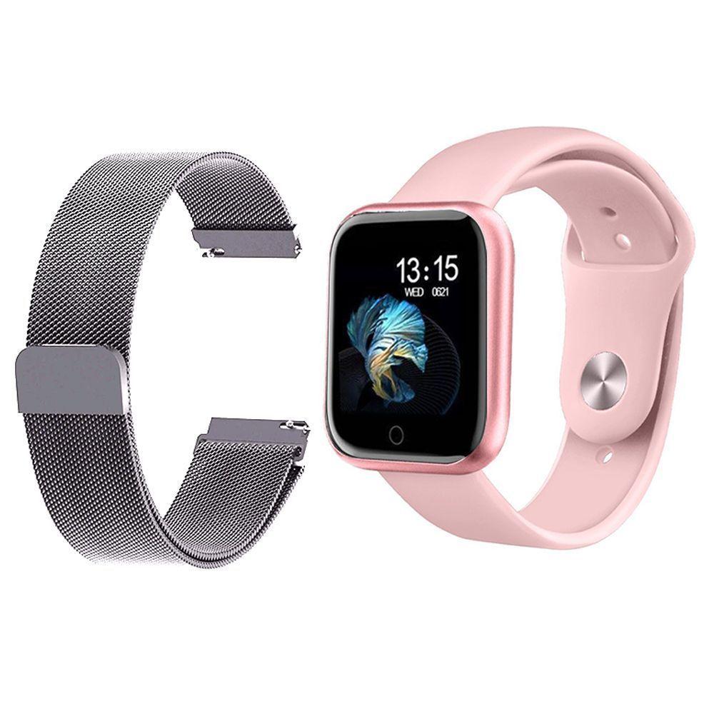 Kit 1 Smartwatch P70 Rosa + 1 Pulseira Prata - 1