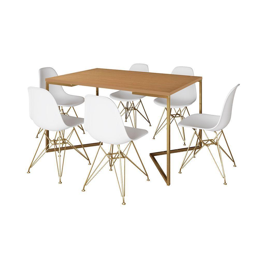 Mesa Jantar Industrial Retangular 137X90Cm Canela Base V Com 6 Cadeiras Brancas Base Do Cor: Canela - 6