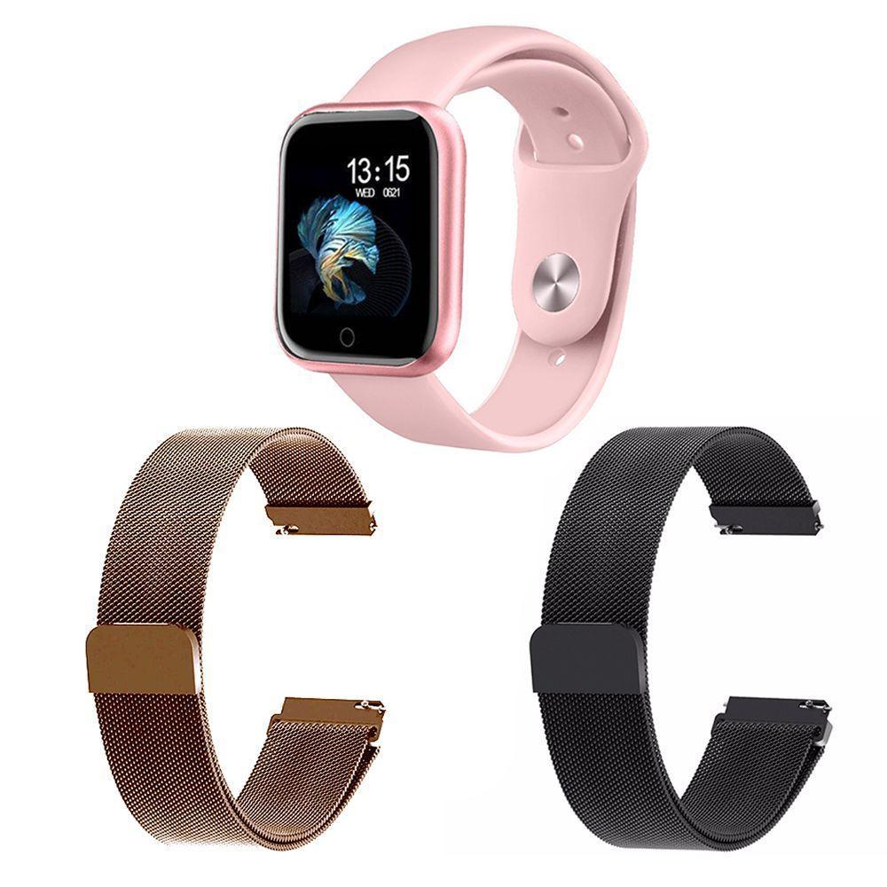 Kit 1 Smartwatch P70 Rosa + 2 Pulseiras Preto E Rosê - 1