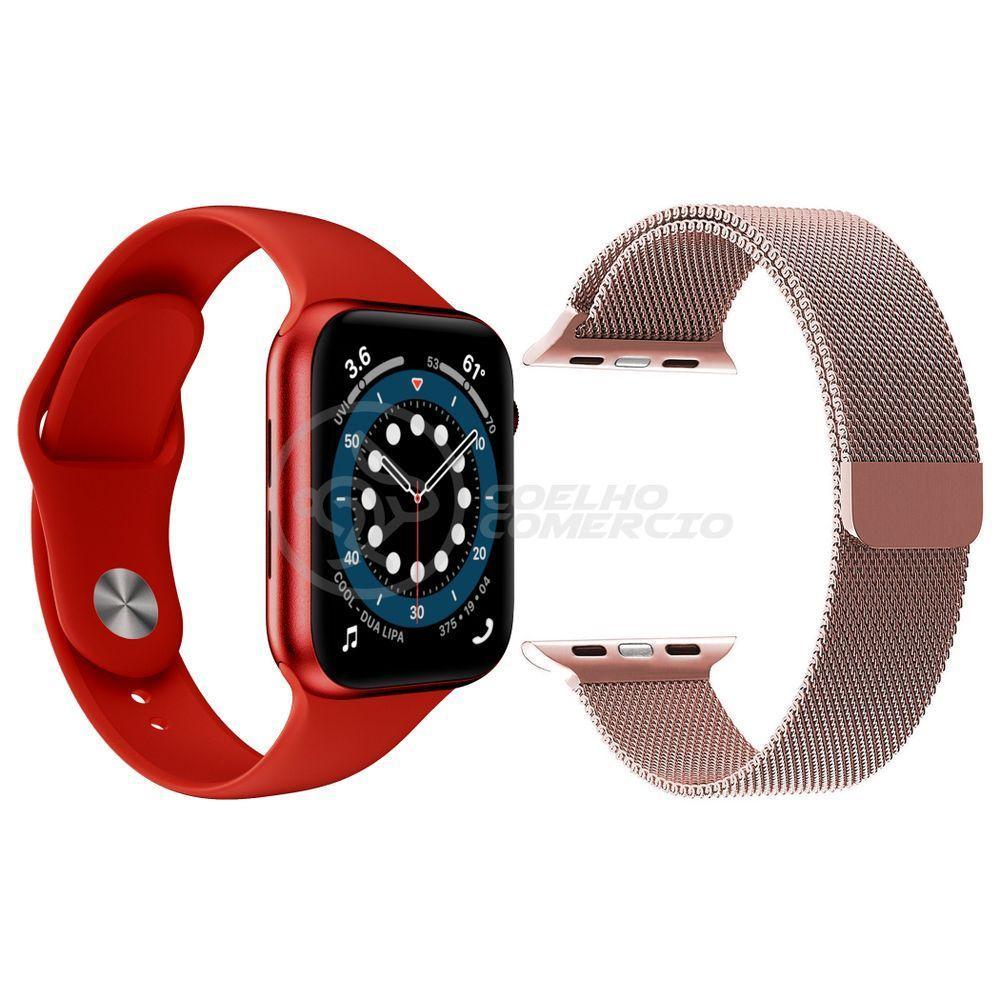 Kit 1 Smartwatch W46 S Vermelho + 1 Pulseira Extra Rosa - 1