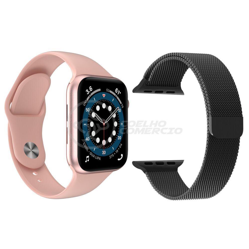 Kit 1 Smartwatch W46 S Rosa + 1 Pulseira Extra Preto - 1