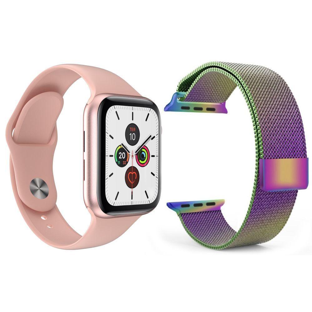 Kit 1 Smartwatch T500 Iwo Max Rosa + 1 Pulseira Arco Íris - 1