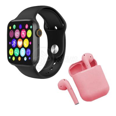 Kit Smartwatch Relógio Preto + Fone Inpods 12 Rosa Sem Fio
