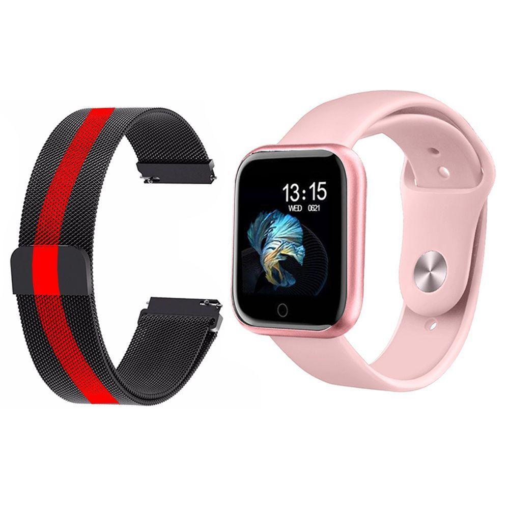 Kit 1 Smartwatch P70 Rosa + 1 Pulseira Preto Listrada - 1