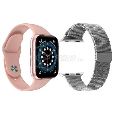 Kit 1 Smartwatch W46 S Rosa + 1 Pulseira Extra Prata