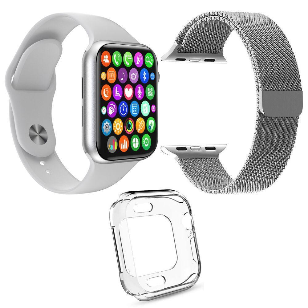 Kit 1 Relógio Smartwatch Branco + 1 Pulseira Aço + 1 Case - 1