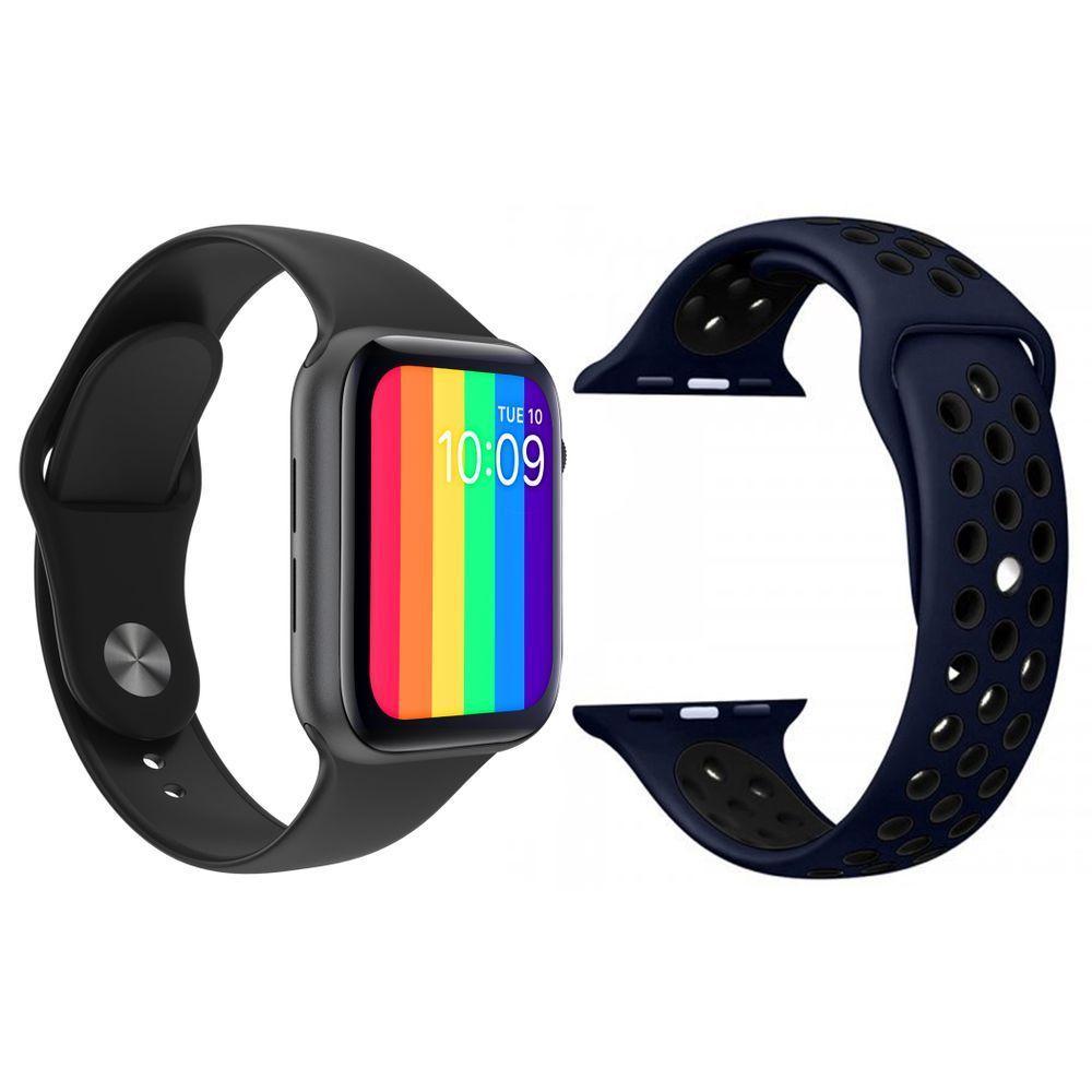 Kit 1 Smartwatch Preto + 1 Pulseira Extra Azul E Preto - 1