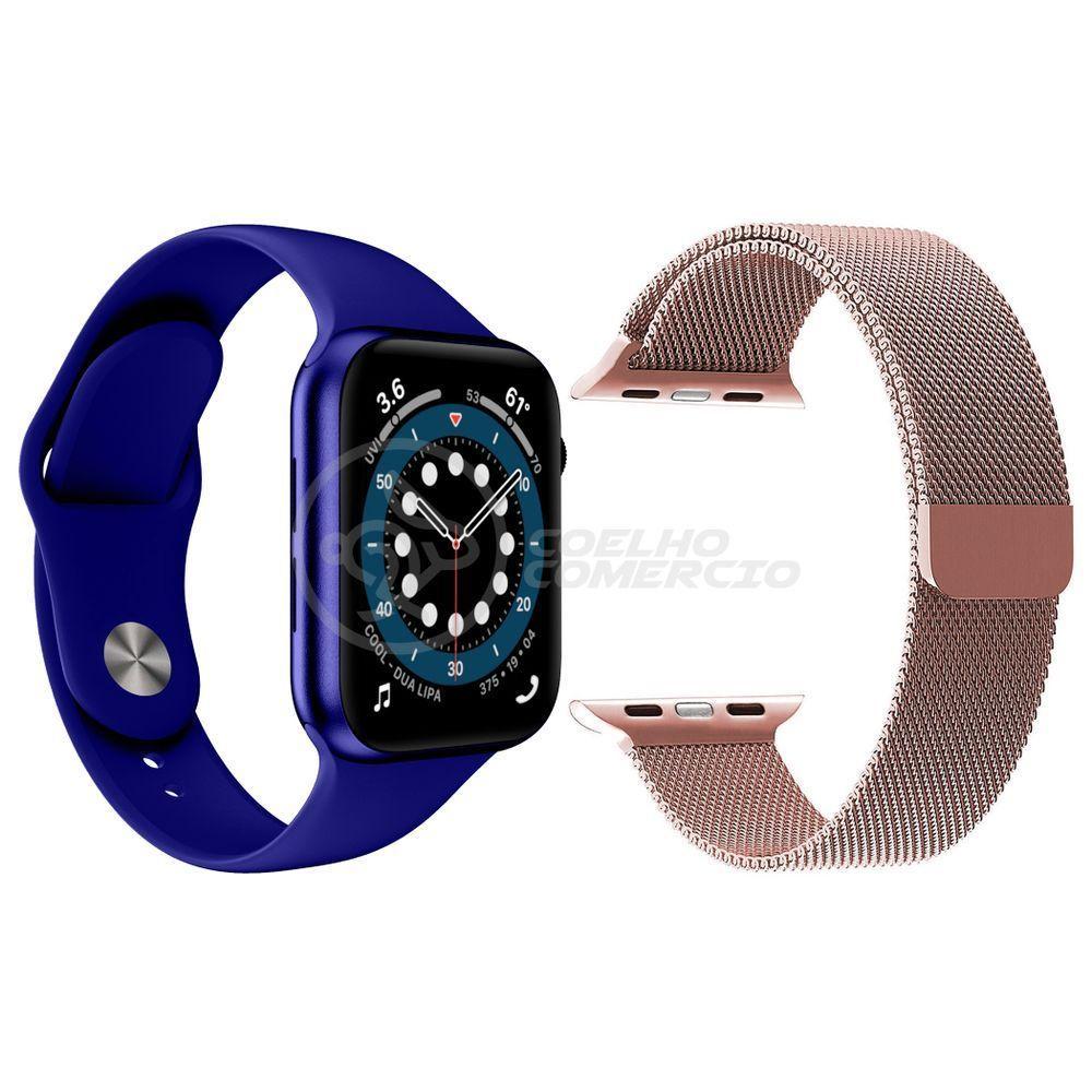 Kit 1 Relógio Smartwatch W46 S Azul + 1 Pulseira Aço Rosa - 1