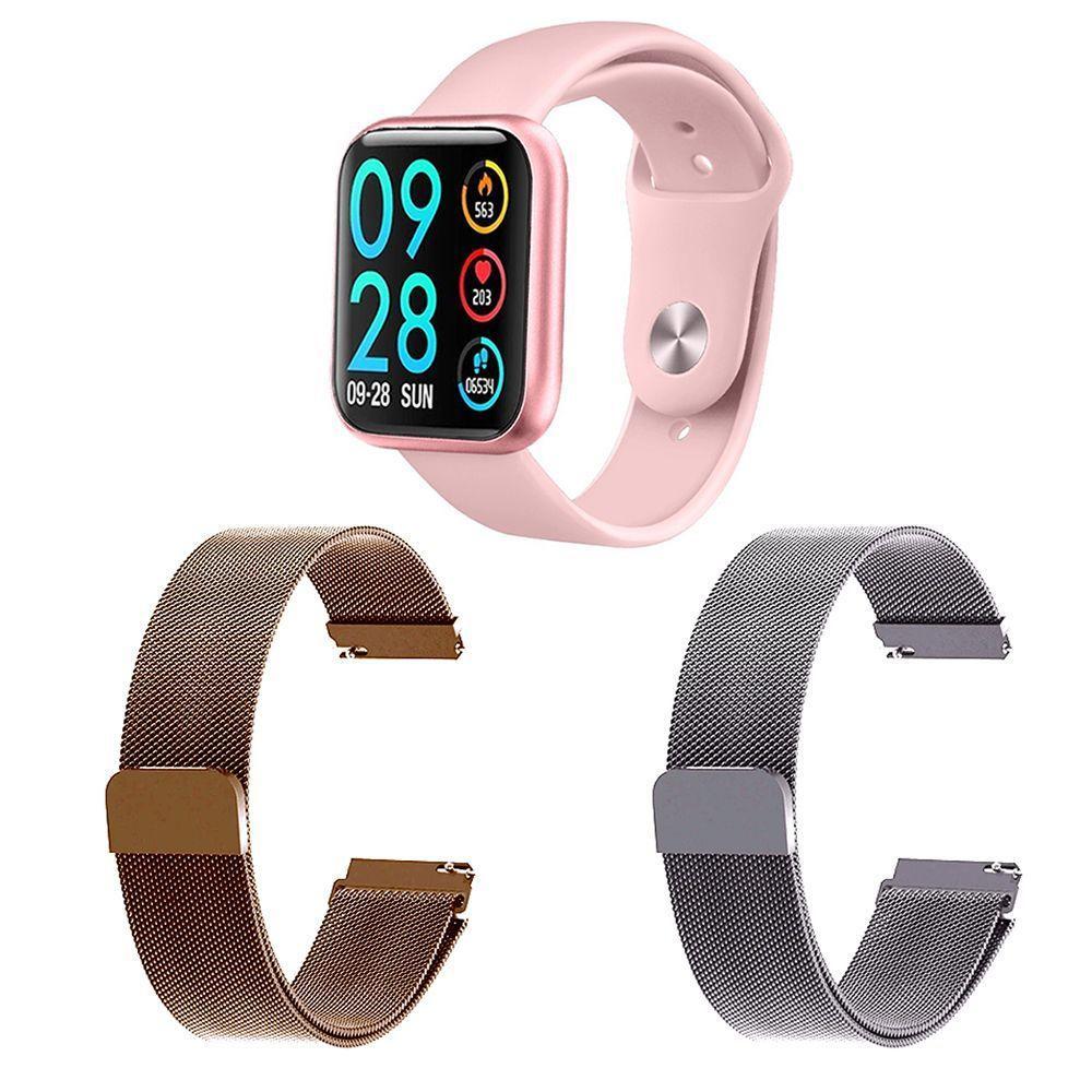 Kit 1 Relógio Smartwatch Rosa + 2 Pulseiras Rosê E Prata - 1
