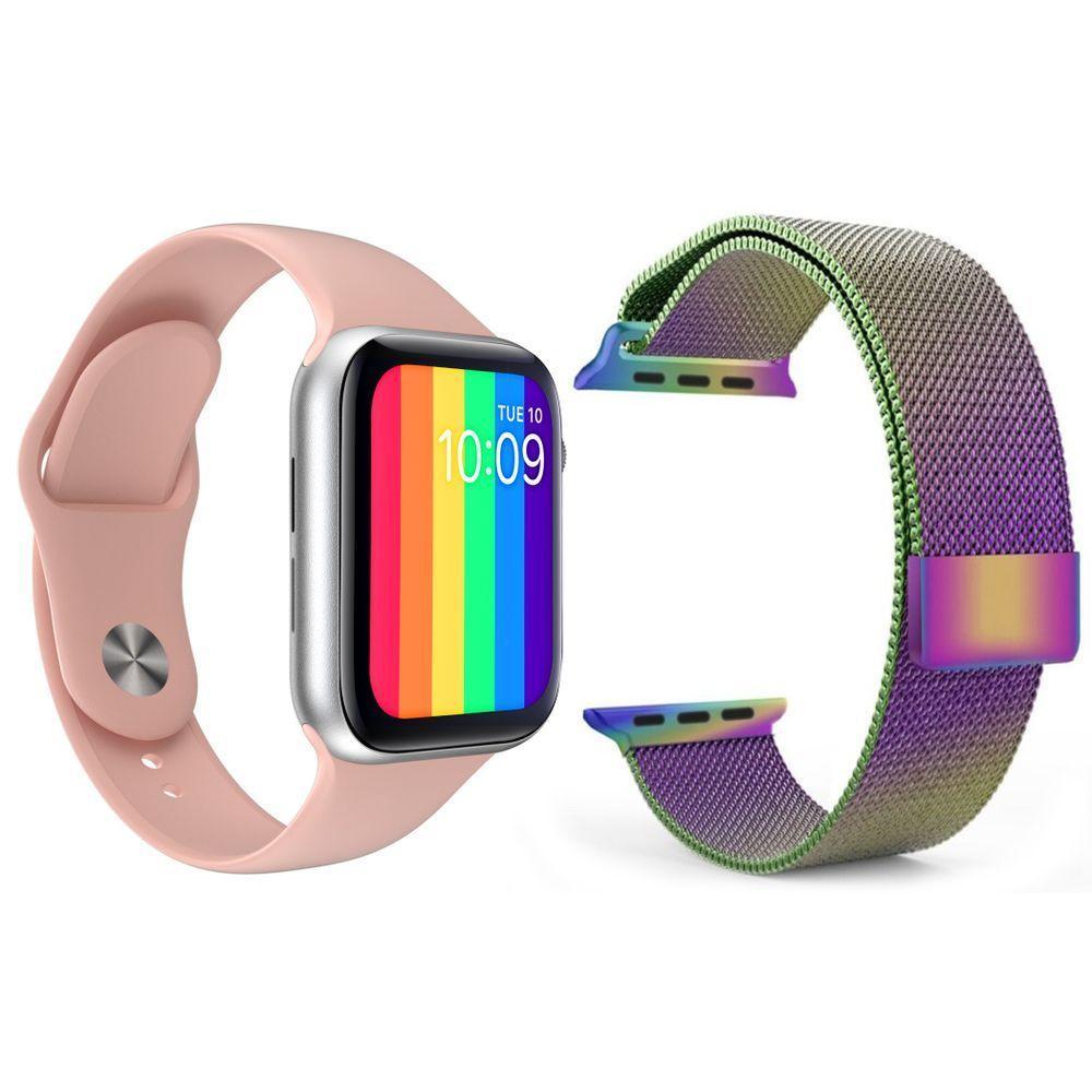 Kit 1 Smartwatch W26 Rosa + 1 Pulseira Aço Arco Íris - 1