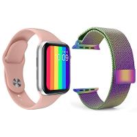 Kit 1 Smartwatch W26 Rosa + 1 Pulseira Aço Arco Íris - 1