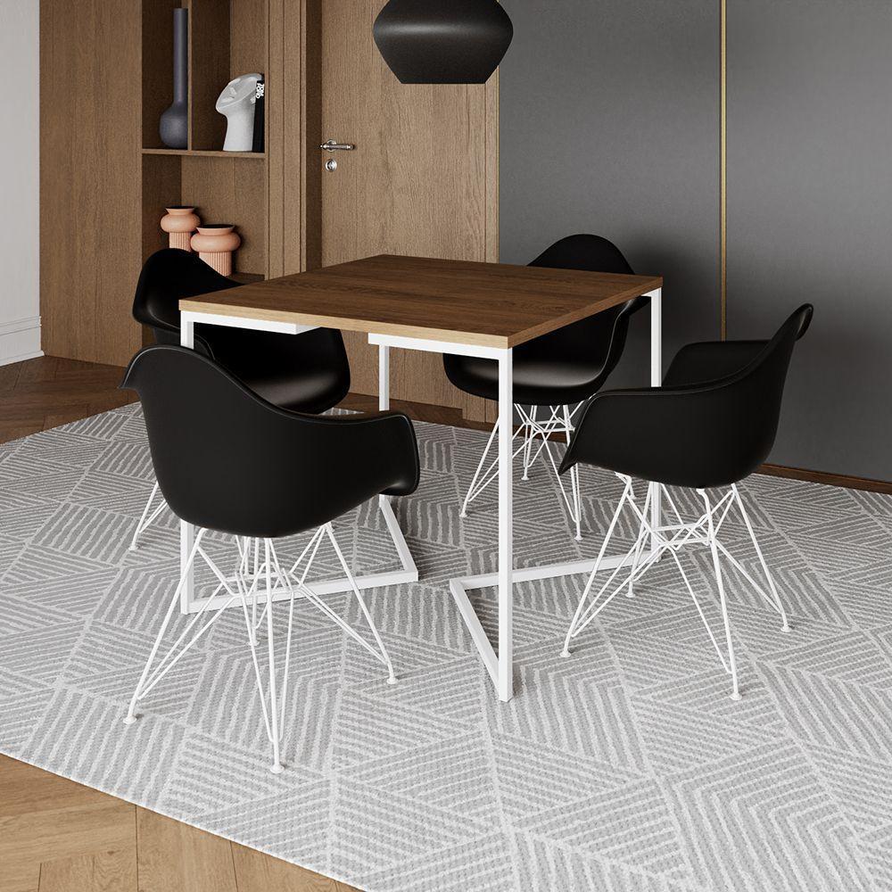 Mesa Jantar Industrial Quadrada Amêndoa 90Cm Base V C/4 Poltronas Pretas Ferro Branco Cor: Amendoa - 1