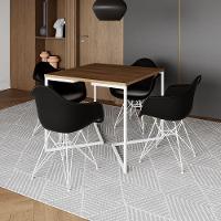 Mesa Jantar Industrial Quadrada Amêndoa 90Cm Base V C/4 Poltronas Pretas Ferro Branco Cor: Amendoa - 1