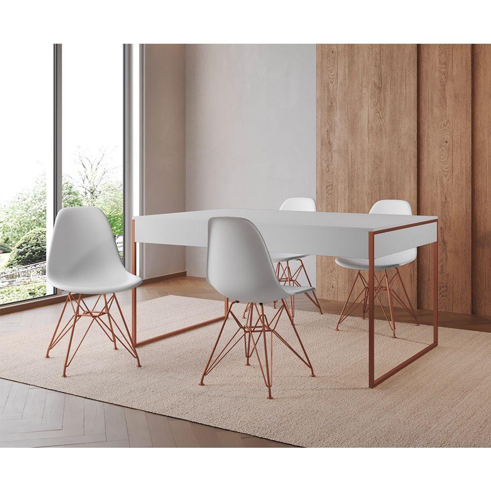 Mesa Jantar Industrial Retangular Branca 137X90Cm Com 4 Cadeiras Brancas Base Cobre Cor: Branco - 1