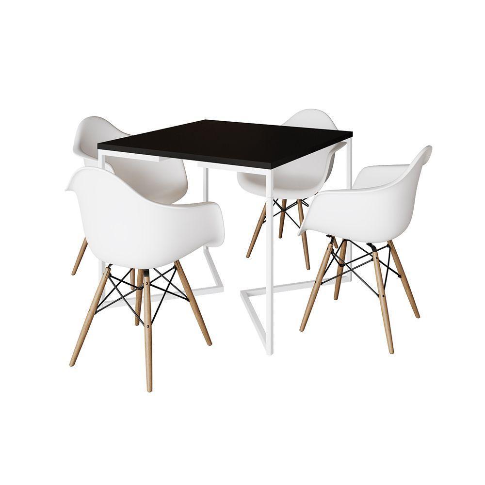 Mesa Jantar Industrial Quadrada 90Cm Preta Base V Ferro Branco Com 4 Poltronas Brancas Cor: Preto - 6