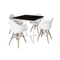 Mesa Jantar Industrial Quadrada 90Cm Preta Base V Ferro Branco Com 4 Poltronas Brancas Cor: Preto - 11