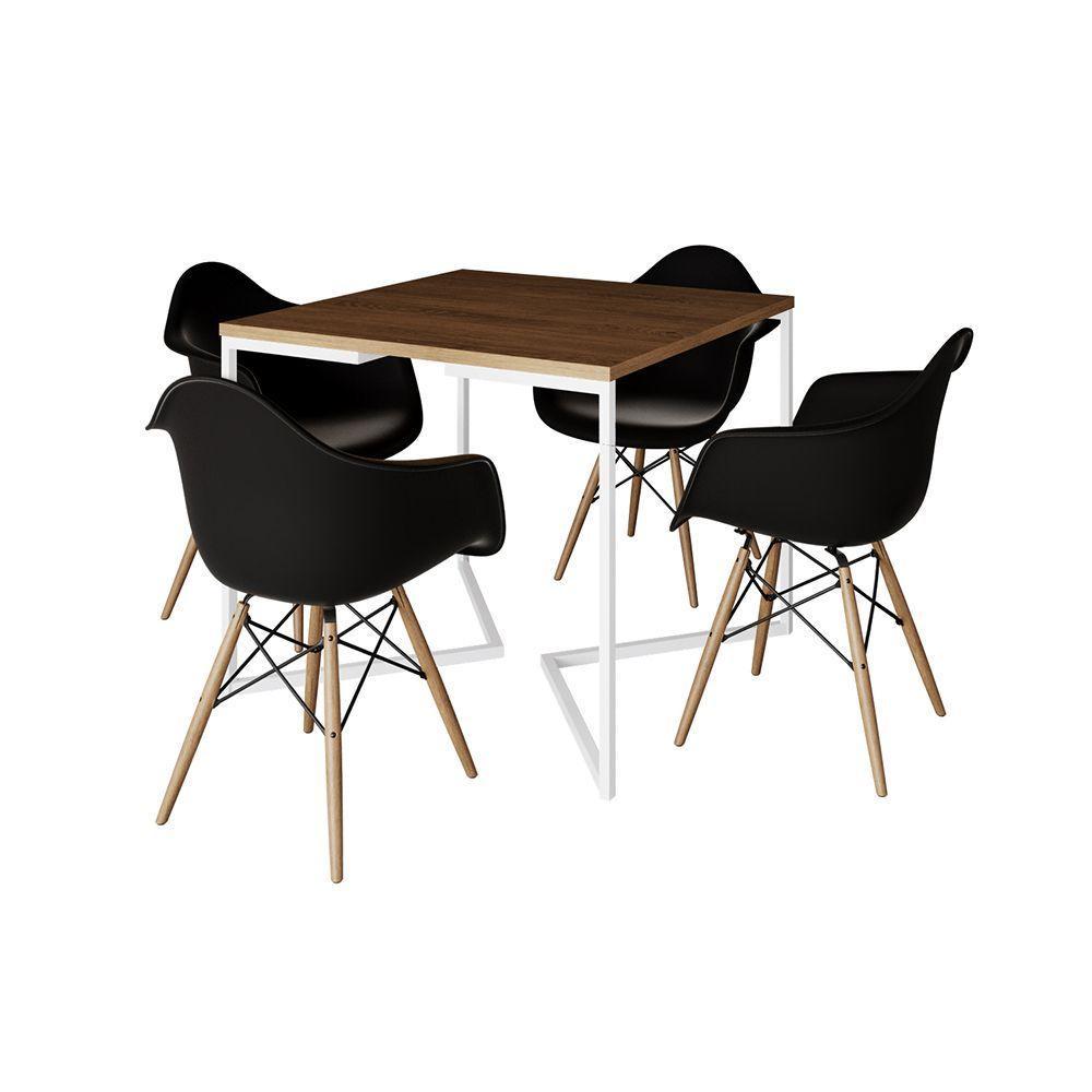 Mesa Jantar Industrial Quadrada 90Cm Amêndoa Base V Ferro Branco C/4 Poltronas Pretas Cor: Amendoa - 6