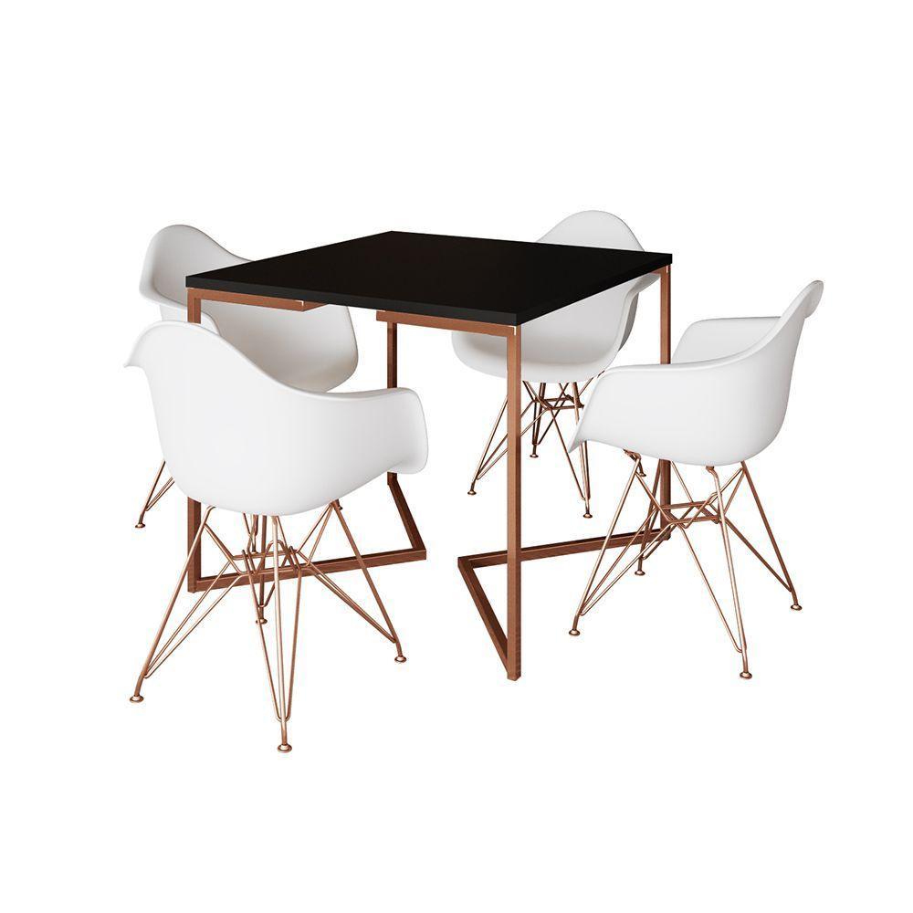 Mesa Jantar Industrial Preta 90Cm Quadrada Base Cobre V Com 4 Poltronas Brancas Pés Cob Cor: Preto - 6