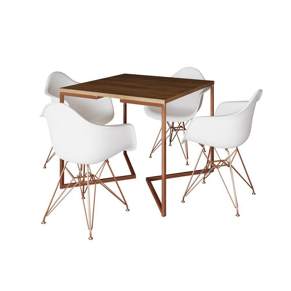 Mesa Jantar Industrial Amêndoa 90Cm Quadrada Base Cobre V C/4 Poltronas Brancas Pés C Cor: Amendoa - 8