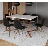 Mesa Jantar Industrial Retangular Branca 137X90Cm Base V Cobre Com 6 Cadeiras Pretas Ma Cor: Branco - 1