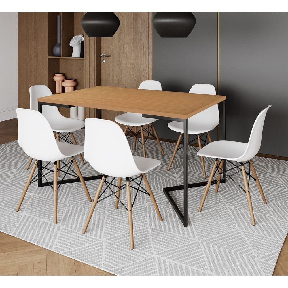 Mesa Jantar Industrial Retangular Canela 137X90Cm Base V Ferro Preto C/6 Cadeiras Branca Mad Canela - 1