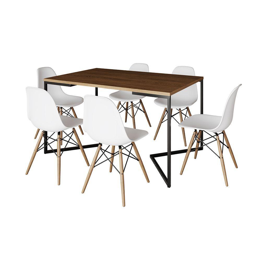 Mesa Jantar Industrial Retangular Amêndoa 137X90Cm Base V Ferro Preto C/6 Cadeiras Branca Ma Amendoa - 6