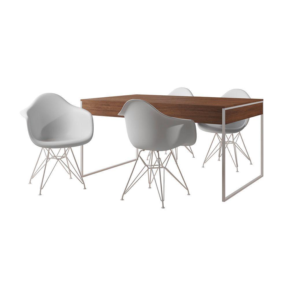 Mesa Jantar Industrial Amêndoa 137X90Cm Com 4 Poltronas Brancas Base Ferro B Cor: Amendoa - 3