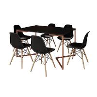 Mesa Jantar Industrial Retangular Preta 137X90Cm Base V Cobre Com 6 Cadeiras Pretas Mad Cor: Preto - 6