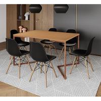 Mesa Jantar Industrial Retangular Canela 137X90Cm Base V Cobre Com 6 Cadeiras Pretas Ma Cor: Canela - 1