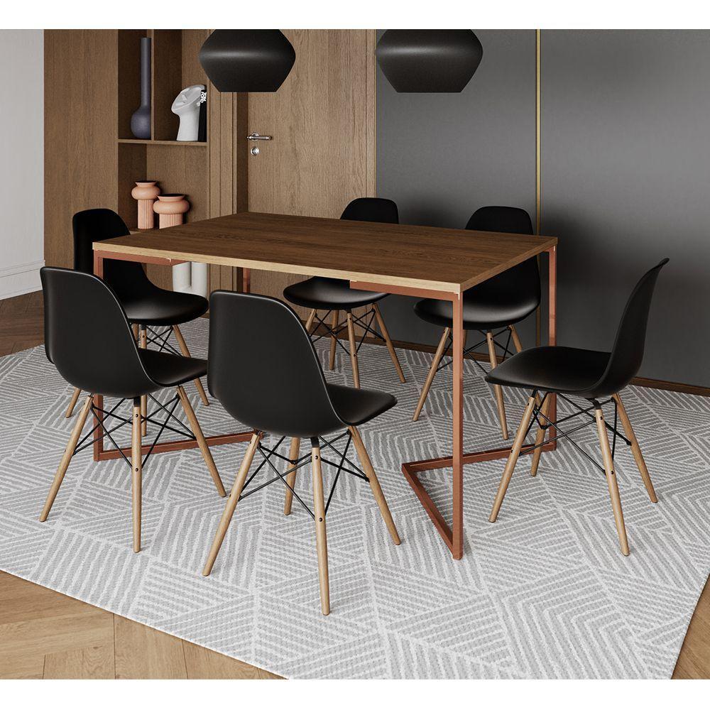 Mesa Jantar Industrial Retangular Amêndoa 137X90Cm Base V Cobre C/6 Cadeiras Pretas M Cor: Amendoa - 1