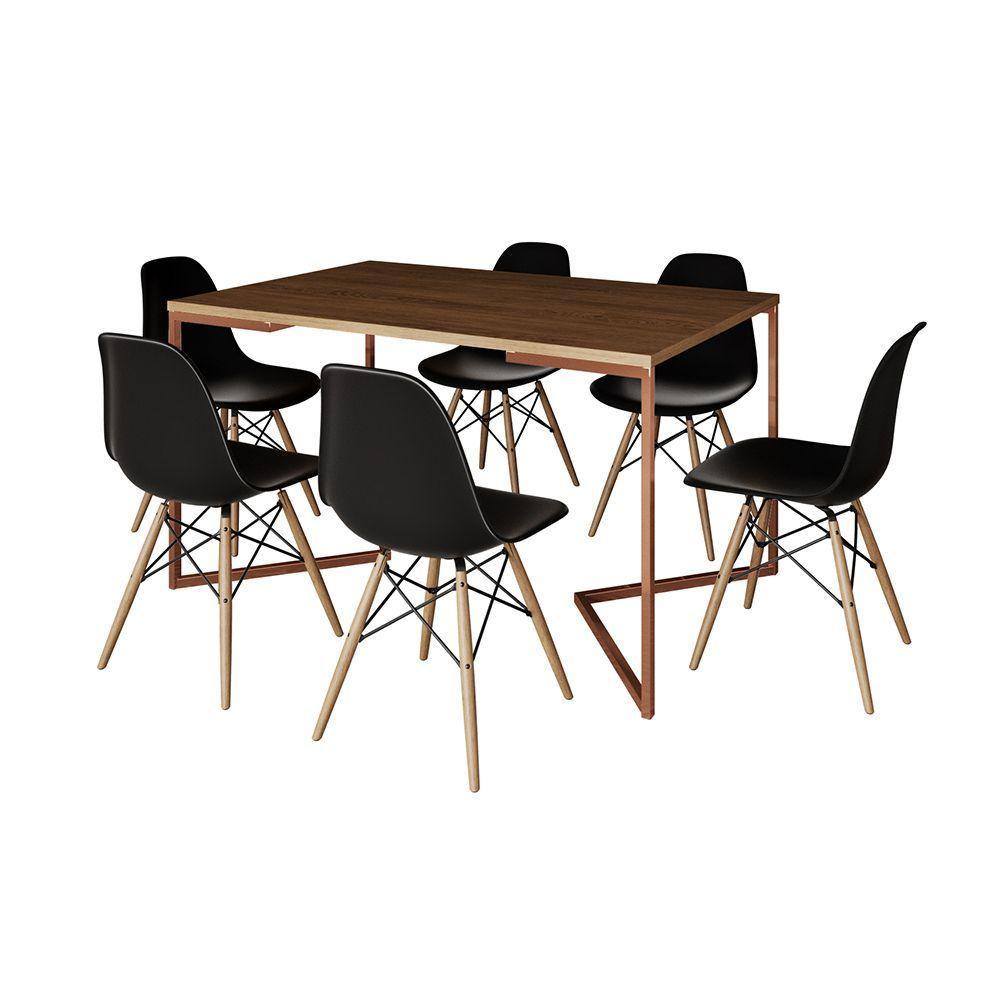 Mesa Jantar Industrial Retangular Amêndoa 137X90Cm Base V Cobre C/6 Cadeiras Pretas M Cor: Amendoa - 7