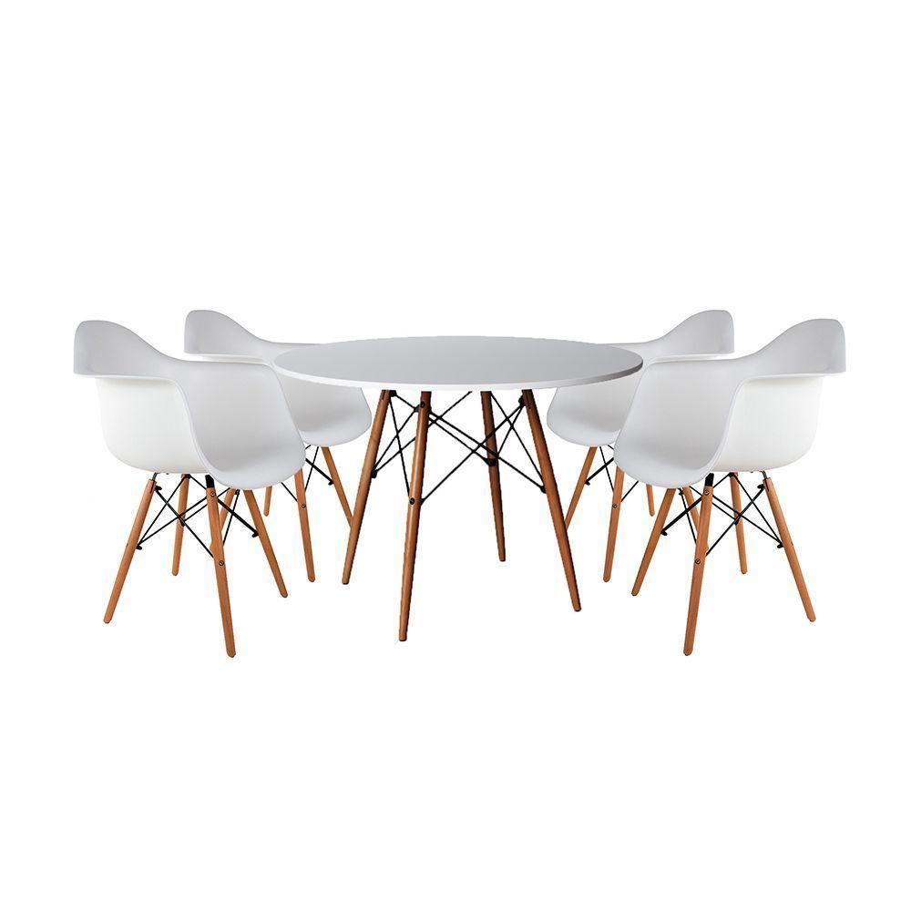 Mesa De Jantar Redonda Em Madeira 110Cm Branca Com 4 Poltronas Brancas Cor: Branco - 1