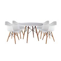 Mesa De Jantar Redonda Em Madeira 110Cm Branca Com 4 Poltronas Brancas Cor: Branco - 1