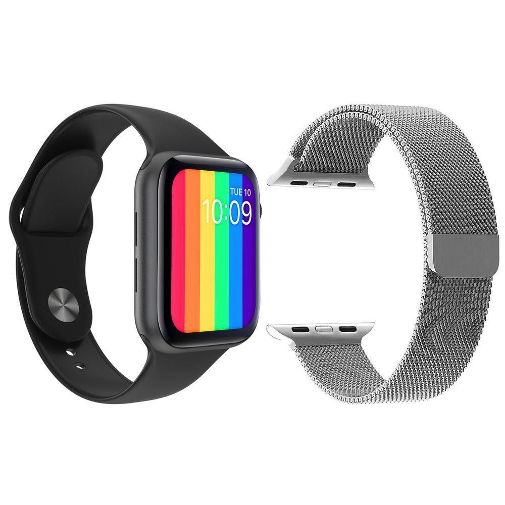 Kit 1 Relógio Smartwatch Iwo12 Lite Preto + 1 Pulseira Prata - 1